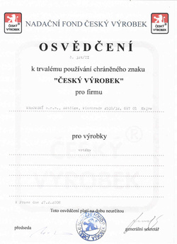 Certifikát Český výrobek pro firmu VRBOVSKÝ s.r.o.
